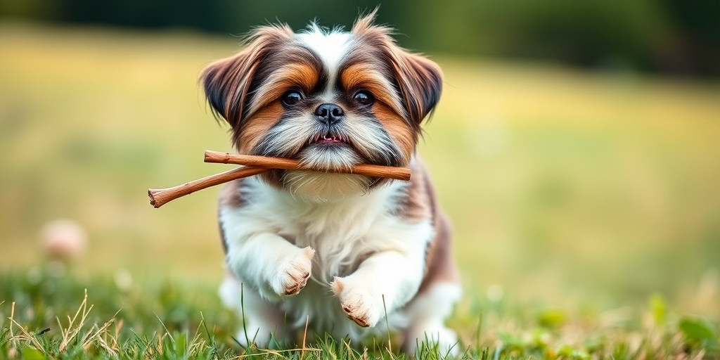 A playful Shih Tzu dog holding a stick in its mouth, outdoors on a grassy field with a soft blur background, captured with a Canon EOS R6, 50mm lens, f/1.8 aperture, ISO 200, natural lighting, and a shallow depth of field.