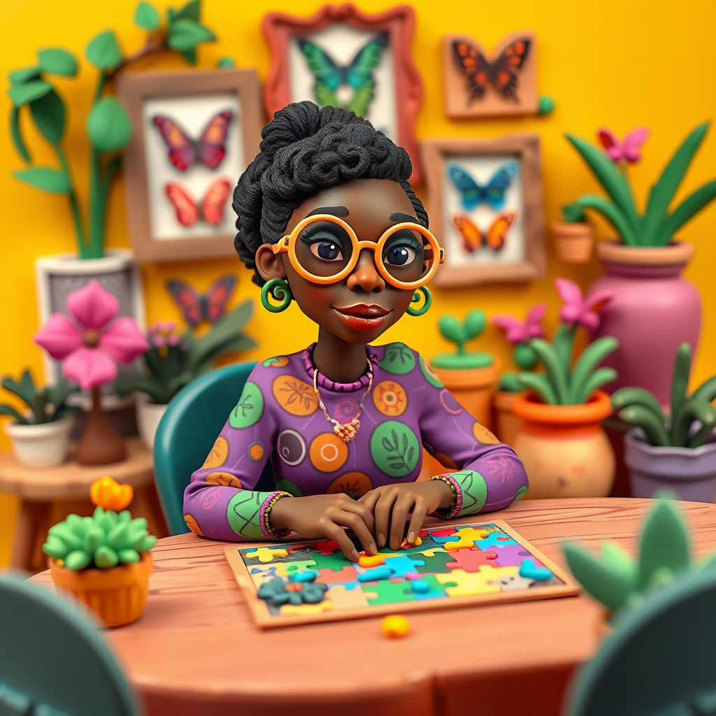 A vibrant and whimsical illustration of an african american woman sitting at a table working on a colorful jigsaw puzzle. she is wearing round glasses, and patterned clothing in shades of purple and green.  The background features an eclectic collection of framed butterflies, potted plants, and other natural elements, creating a warm and inviting atmosphere. The style is playful and modern, with rich textures, intricate details, and a lively color palette.