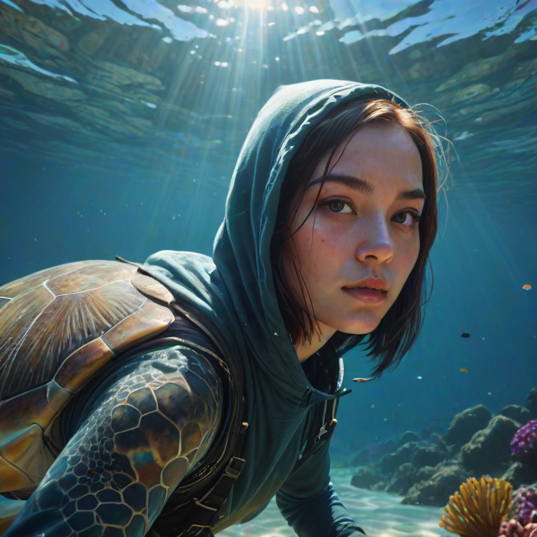 Realistic selfie image of a Kyrgyz, wearing a vintage outfit, detailed dreamy eyes, droopy hooded eyes, staring at the camera, taken underwater at coral reef with a sunbeam filtering through the water, vibrant, summer vacation, natural lighting, turtle and school of tropical fish with vibrant colors, rendered in the style of CryEngine, Pegi Nicol MacLeod, with realistic genre scenes, hauntingly beautiful narratives, ultra-realism, and Thomas Saliot's close-up technique, 8K resolution, crystal clear and sparkling water.