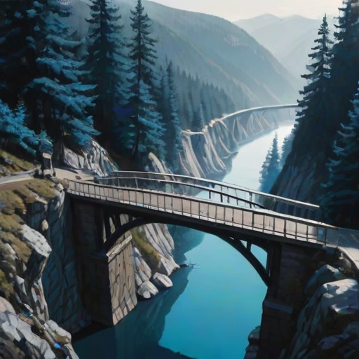 day, natural lighting, bridge focus, CandiBRIDGE, no humans, mountain, water, bridge, blue trees, from above, negative space, scenery, intricately detailed illustration, depth of field, atmospheric perspective, blue theme, monochrome