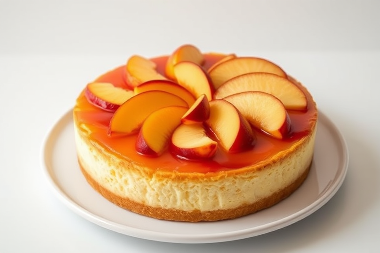 Create an image of a delicious fruit cheesecake with a golden crust topped with slices of peaches and a glossy fruit glaze. The cheesecake should be round and presented on a white plate against a simple background, highlighting its vibrant colors and textures.