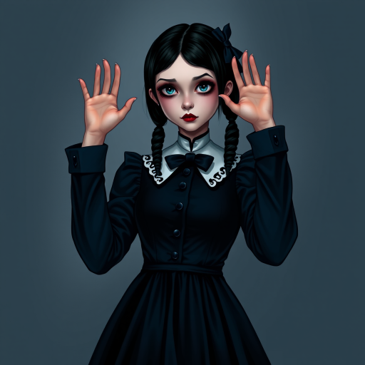 Digital art, full height portrait of Wednesday Addams, standing up with her hands in the air as if in a hold-up. Her dark, gothic attire replaces Alice’s classic blue dress, and she wears black shoes instead of blue. A small, neat black bow adorns her hair, capturing her signature style. The overall composition maintains a whimsical yet eerie tone, similar to Alice in Wonderland, while showcasing Wednesday’s iconic gothic charm.