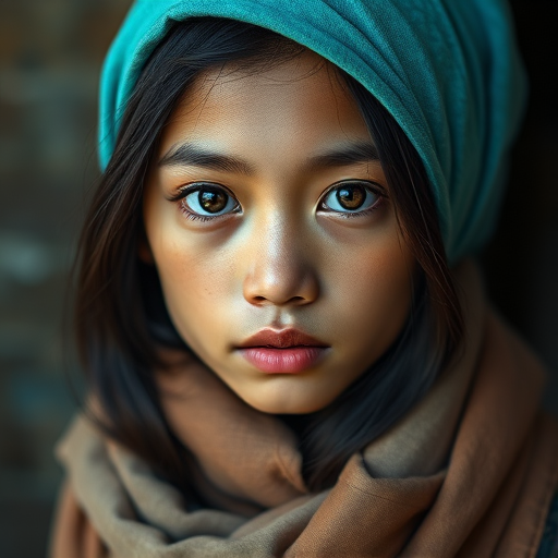 Create a portrait of a young Lao male with long, dark hair and captivating hazel eyes. She is wearing a cyan headscarf and a matching scarf draped gracefully around her neck. The background is softly blurred, focusing attention on her serene and natural expression. The overall color palette is muted and warm, enhancing the intimate and authentic feel of the portrait.