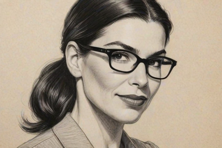 Stunning Julianna Margulies, pencil sketch, portrait of Lovely woman 1937s in glasses, hair style beatnik, outline, clear lines, fine lines, 8k