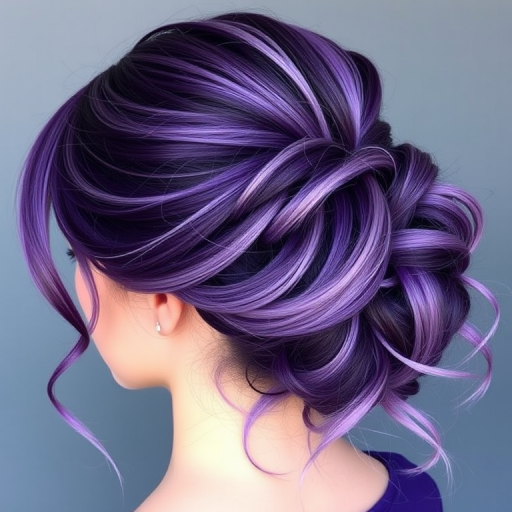 Mystic Amethyst Dream showcases a deep purple base with lighter lavender highlights, styled in an elegant chignon with wispy tendrils framing the face