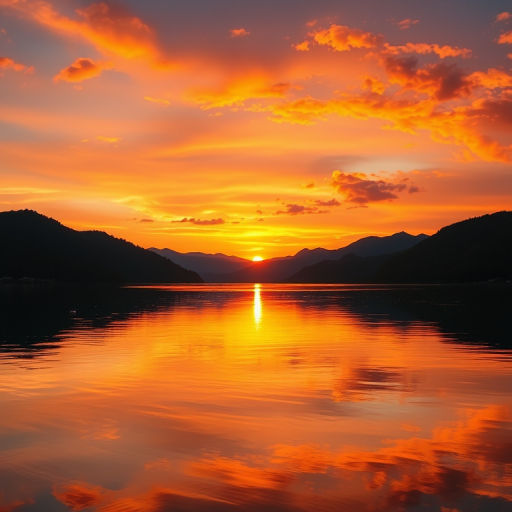 Create a high-resolution image of a sunset over a serene lake with vibrant colors and reflections on the water using a DSLR camera, 35mm lens, f/8 aperture, ISO 100, 1/200 sec shutter speed, shot from eye level, natural lighting, and vibrant color profile.