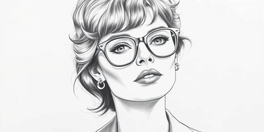 Beautiful Sophia Loren, pencil sketch, portrait of beautiful woman 60s in glasses, hair style beatnik, outline, clear lines, fine lines, 8k