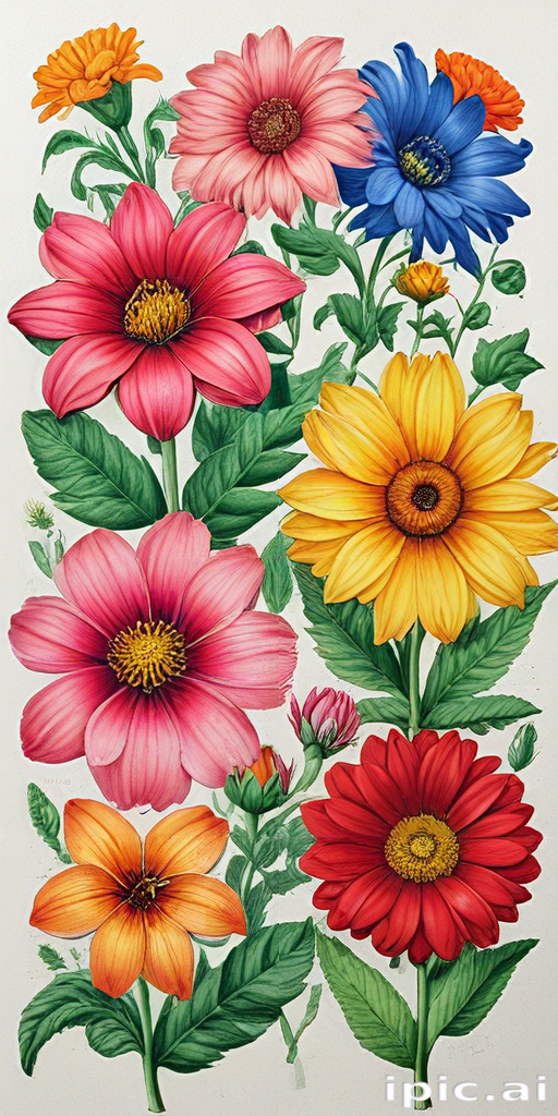 Vibrant Floral Illustration Featuring a Variety of Colorful Blossoms ...