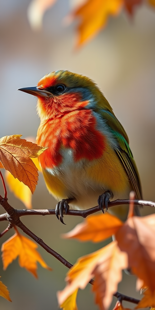 Close-up of a colorful bird perched on a branch among autumn leaves, using a Canon EOS R5 with a 100mm f/2.8L macro lens, aperture set to f/4, ISO 200, in natural light, with a shallow depth of field to blur the background.