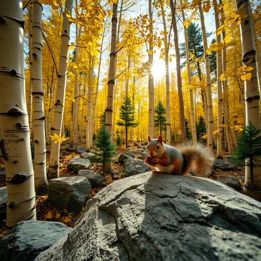 HD 8k close up of aspen trees , make the leaves have a bright but deep glowing effect, add black lines to highlight and detail the bark and leaves. The sun shines through a portion. Add some rock formations scattered throughout the forest area.  Place a squirrel close up on the rock formation. The view is eye level with the squirrel. The squirrel is cute and plump while he is trying to open a pine cone. Add a few dark green pine trees randomly.