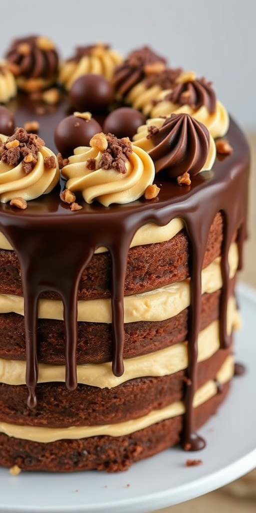 Create a delicious chocolate peanut butter cake with layers of creamy frosting topped with chocolate ganache. Decorate with swirls of buttercream frosting, chocolate candies, and crushed nuts. The cake should have a rich and indulgent appearance, with drips of chocolate glaze cascading down the sides.