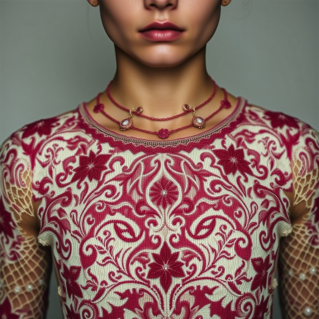 Face, shoulders, chest covered in openwork Coptic embroidery. Raw, unedited image.