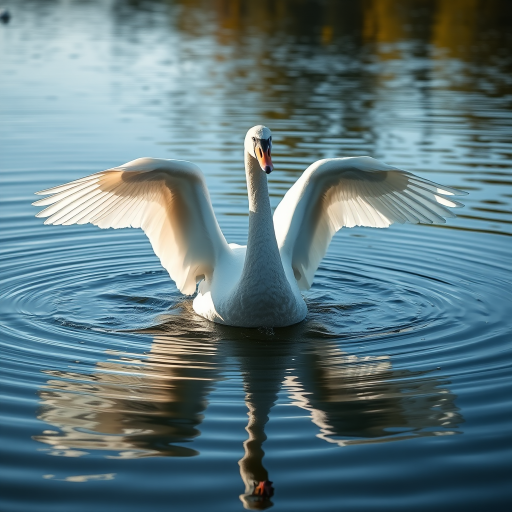 Capture a graceful white swan spreading its wings in a serene lake, shot with a Nikon D850 at f/5.6, ISO 200, 1/500 sec, using a 300mm lens from a low angle for a soft background blur.
