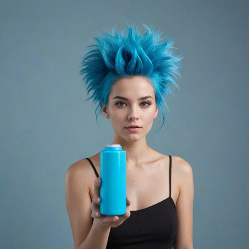 Image of a person with their hair styled upright,  in a cylinder shape. The hair  color is neon blue and appears to be held in place by a hair product, giving it a fluffy texture. The background is nondescript, and the person's face is looking at the viewer nervously.