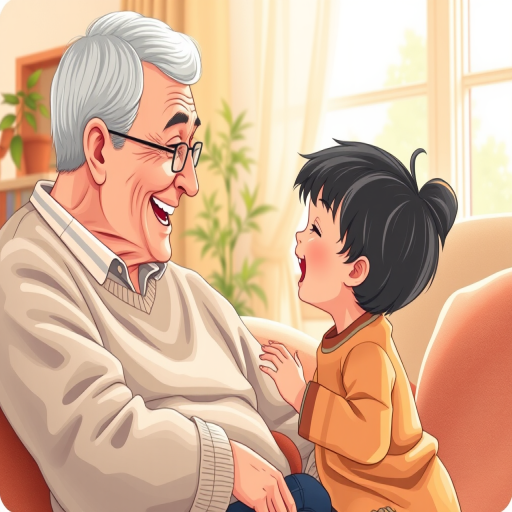 Create an illustration of a joyful interaction between a grandparent and a child in a cozy living room, focus on warm colors and playful expressions, use a DSLR camera at f/2.8 aperture, shutter speed 1/60 sec, ISO 200, 50mm lens, natural lighting for a soft, inviting atmosphere.