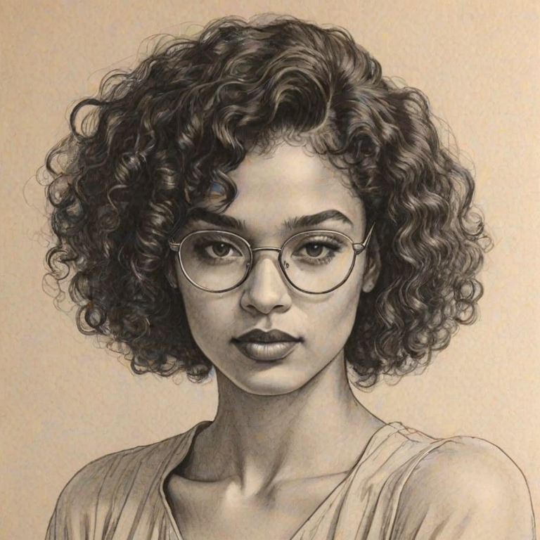 Superb Indya Moore, pencil sketch, portrait of Beauteous woman 1925s in glasses, hair style beatnik, outline, clear lines, fine lines, 8k