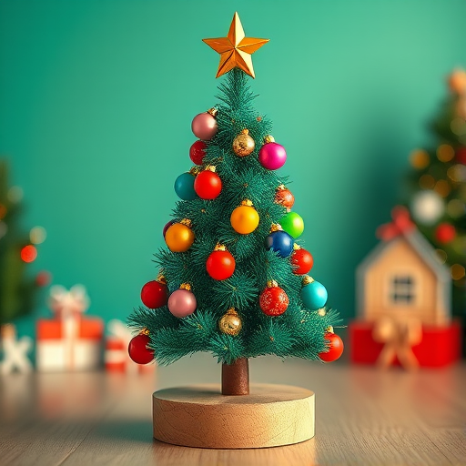 Regenerate a colorful, cartoon-style Christmas tree with vibrant ornaments, a star on top, placed in a wooden base, captured with a Canon EOS R5 at f/2.8, shutter speed 1/250s, ISO 100, in a frontal view with a bright, cheerful background.