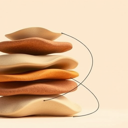 create an abstract illustration featuring stacked organic shapes in earthy tones with thin black lines connecting them, soft pastel background, captured with a Canon EOS R5, 50mm lens, f/2.8 aperture, ISO 100, in natural light for enhanced color and sharpness