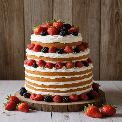 Create an image of a tall layered cake with fluffy white frosting. The cake should be adorned with fresh strawberries, blackberries, and raspberries, along with small edible flowers. The setting should have a rustic wooden table in the background, emphasizing the cake's vibrant colors and textures.