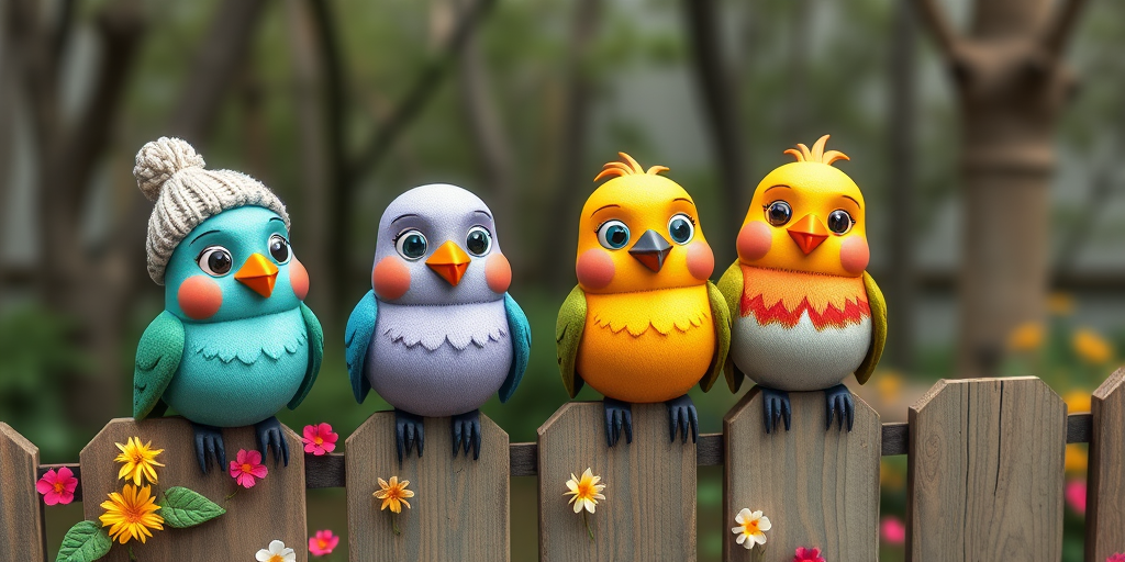 create a scene of 4 quirky  whimsical colourful comical birds each with a funny expression. they are sat on a wooden fence with colourful flowers. they are all different sizes. each one is a different colour  one is wearing a woolly hat. Each one has a different quirky google expression and there is a muted background of trees watercolour paintierly style high definition 8k resolution 3D paper mache