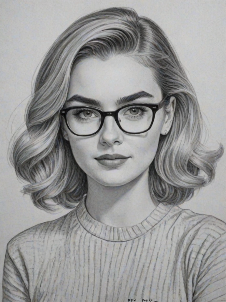 Ravishing Meg Donnelly, pencil sketch, portrait of Comely woman 1956s in glasses, hair style beatnik, outline, clear lines, fine lines, 8k