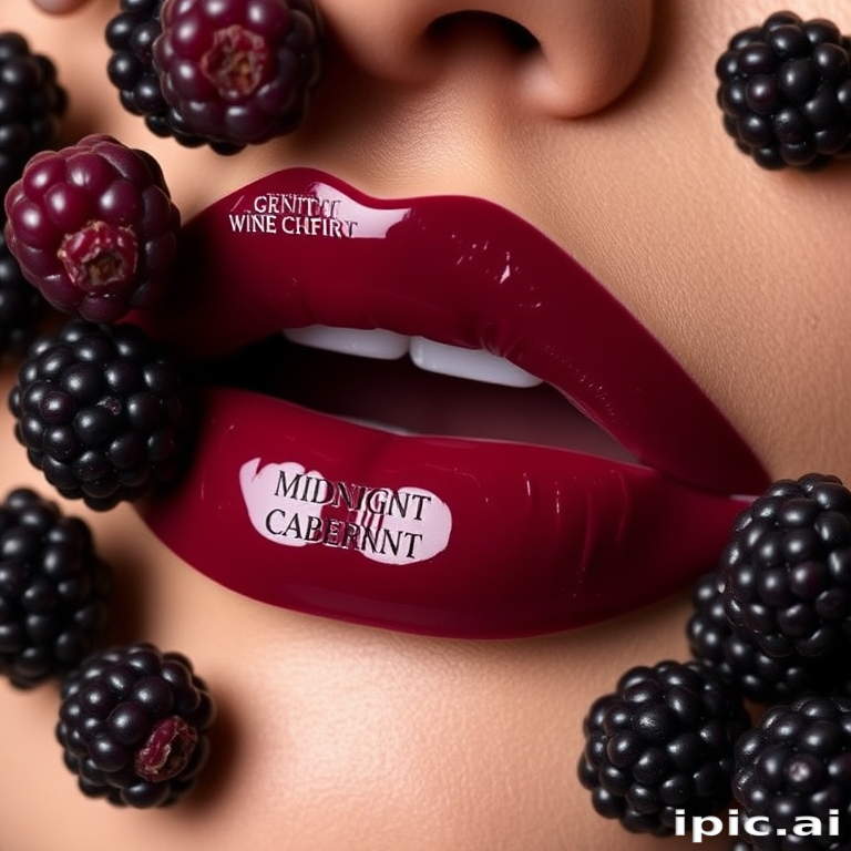 Blackberry wine lip tint "Midnight Cabernet" providing a buildable, hydrating formula with a glossy finish and subtle berry scent for a sophisticated evening look