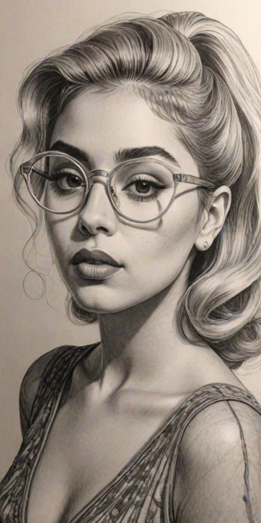 Stunning Kali Uchis, pencil sketch, portrait of Superb woman 1953s in glasses, hair style beatnik, outline, clear lines, fine lines, 8k