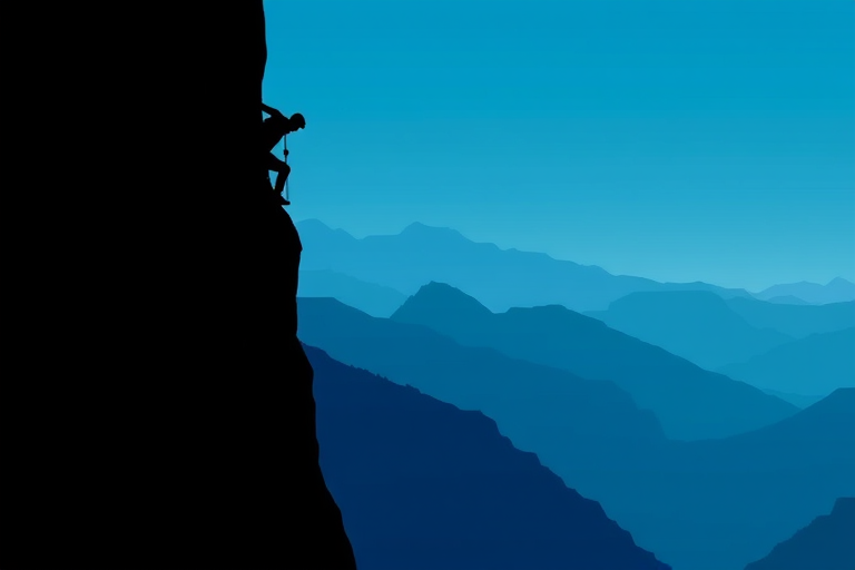 Create a minimalist illustration of a climber scaling a cliff against a gradient background of blue tones, emphasizing the silhouette of the climber and the layered mountain range in the background, using a high-resolution digital camera with a wide-angle lens at f/8 aperture, ISO 100, and a 24mm focal length to capture sharp detail and depth.