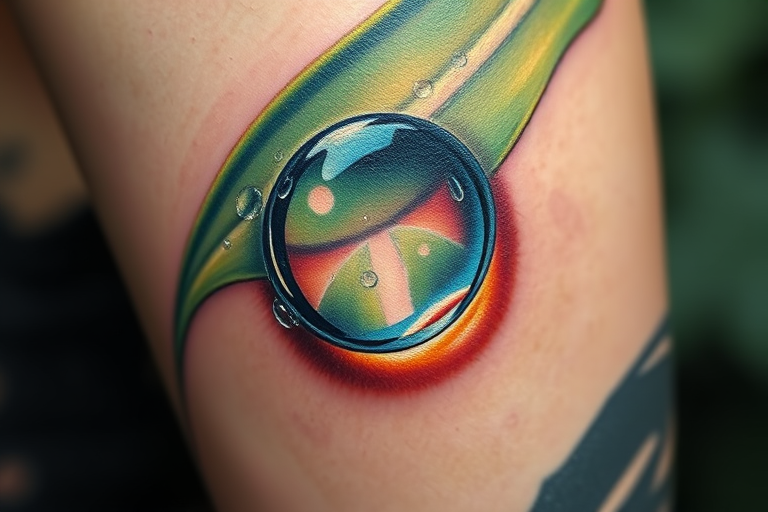 Hyperrealistic tattoo named "Liquid Illusion" depicting a water droplet on a leaf with incredible detail, including light refraction and surrounding dewdrops, creating a trompe l'oeil effect on the skin