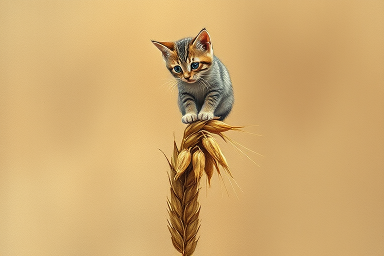 Soft, muted Alcohol Ink with ebru effect background image of tiny whimsical cat, who climbed high on the top of a golden rye ear.