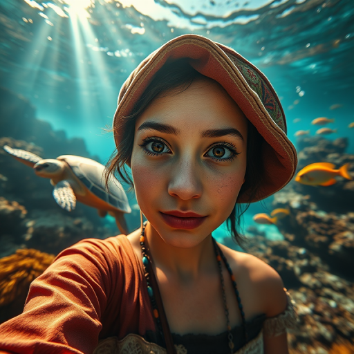 Realistic selfie image of a Guarani, wearing a vintage outfit, detailed dreamy eyes, droopy hooded eyes, staring at the camera, taken underwater at coral reef with a sunbeam filtering through the water, vibrant, summer vacation, natural lighting, turtle and school of tropical fish with vibrant colors, rendered in the style of CryEngine, Pegi Nicol MacLeod, with realistic genre scenes, hauntingly beautiful narratives, ultra-realism, and Thomas Saliot's close-up technique, 8K resolution, crystal clear and sparkling water.