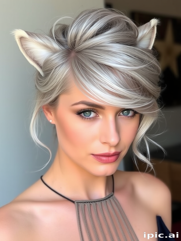 Graceful silver fox showcasing a sophisticated French twist with loose, face-framing tendrils and subtle highlights