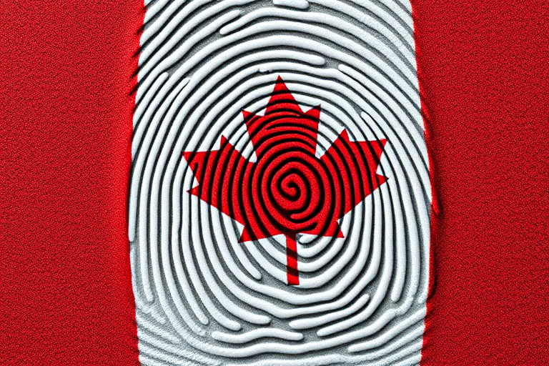 Create a high-resolution image of a fingerprint filled with the Canadian flag design, using a Canon EOS R5 camera with a 50mm f/1.2 lens, aperture set to f/2.8, ISO 100, capturing from a top-down view with natural lighting for enhanced detail.