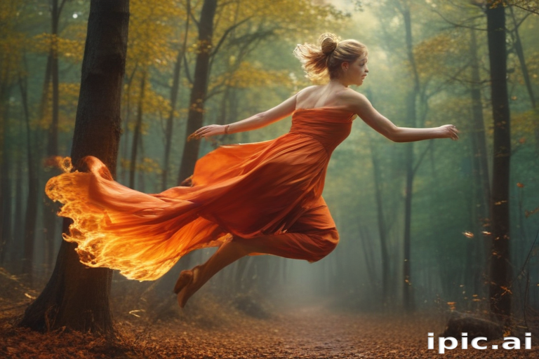 Enchanting Woman in Flowing Orange Dress Leaps Gracefully Through ...