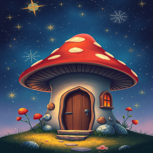 generate illustration of a mushroom house with a door and a window, a storybook , fantasy art, mushroom house, bg starry sky, sparkles
