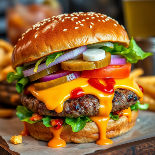 High-resolution, close-up image of a gourmet double cheeseburger. The burger features a glossy, sesame-seed-topped brioche bun. Inside, there are two thick, juicy beef patties, each topped with melted cheddar cheese. The burger is garnished with fresh lettuce, tomato slices, diced onions, and pickles. A generous amount of ketchup and a creamy, orange-colored sauce is dripping down the sides, adding to the mouth-watering appeal. In the background, there are blurred elements including a side of golden French fries and a hint of a beverage, enhancing the overall presentation of a delicious meal.