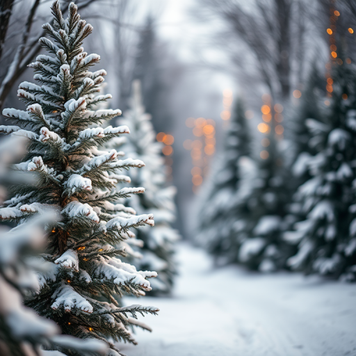 A serene winter landscape featuring snow-covered evergreen trees, golden bokeh lights softly illuminating the scene, taken with a DSLR camera at f/1.8, ISO 100, 1/250s, with a shallow depth of field and a warm color palette.