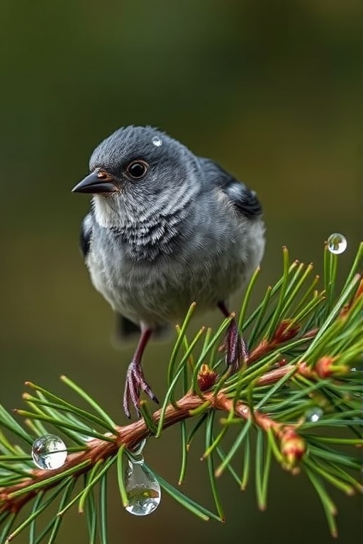 Capture a close-up of a dark-eyed junco perched on a pine branch with dew droplets on the needles, using a Canon EOS R5 with a 100mm macro lens, aperture set to f/2.8, shutter speed at 1/200s, ISO 400, natural lighting to enhance textures and colors.