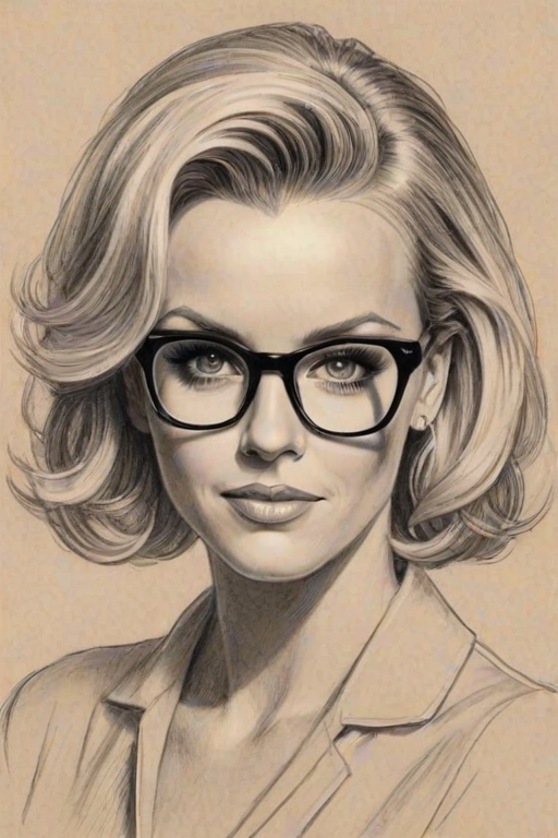 Lovely Jenny McCarthy, pencil sketch, portrait of Gorgeous woman 1933s in glasses, hair style beatnik, outline, clear lines, fine lines, 8k