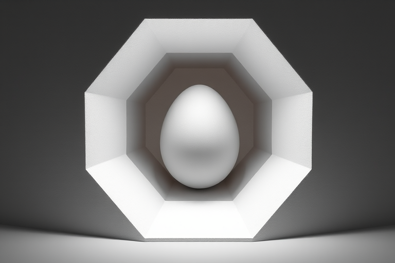 Create a 3D geometric rendering of a gray egg inside a hexagonal cavity, using a Canon EOS R camera with a 50mm f/1.8 lens, aperture set to f/8, ISO 100, and a soft diffused lighting setup for enhanced texture and depth.