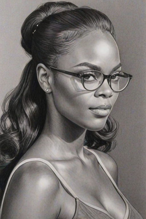 Fetching Tika Sumpter, pencil sketch, portrait of Stunning woman 1956s in glasses, hair style beatnik, outline, clear lines, fine lines, 8k