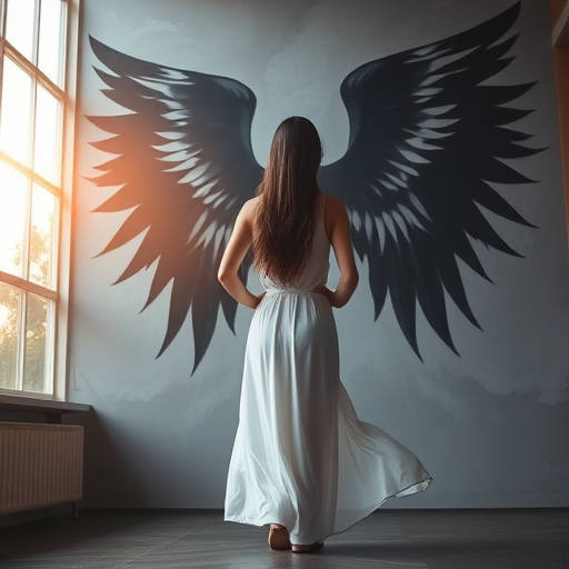 Generate an ethereal scene of a woman in a flowing white dress standing before a large mural of a silhouetted angel with wings, natural light pouring in from large windows, soft focus effect, shot with a DSLR camera at f/2.8, ISO 100, 50mm lens, golden hour lighting.