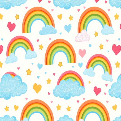 Create a seamless pattern of colorful rainbows, fluffy clouds, and cute stars and hearts on a soft pastel background with high resolution, using a 50mm lens, f/8 aperture, ISO 100, and natural light.