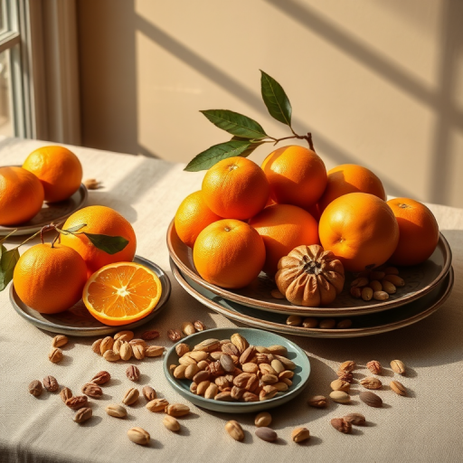 create a still life composition featuring a variety of fruits including oranges and longan, alongside a selection of nuts and seeds arranged on stylish plates, with a soft natural light illuminating the scene, using a DSLR camera, 50mm lens, f/2.8 aperture, ISO 200, and a warm color palette for a cozy atmosphere.