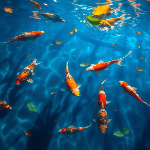 Create a serene underwater scene featuring colorful koi fish swimming gracefully in clear blue water surrounded by gentle ripples and floating leaves with sunlight filtering through the surface creating a tranquil atmosphere.