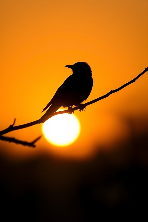Create a clear, high-resolution image of a silhouette of a bird perched on a branch at sunset, using a DSLR camera with a 50mm lens, aperture set to f/2.8, ISO 100, shutter speed 1/200s, shot from a low angle with soft focus on the background to enhance the subject.