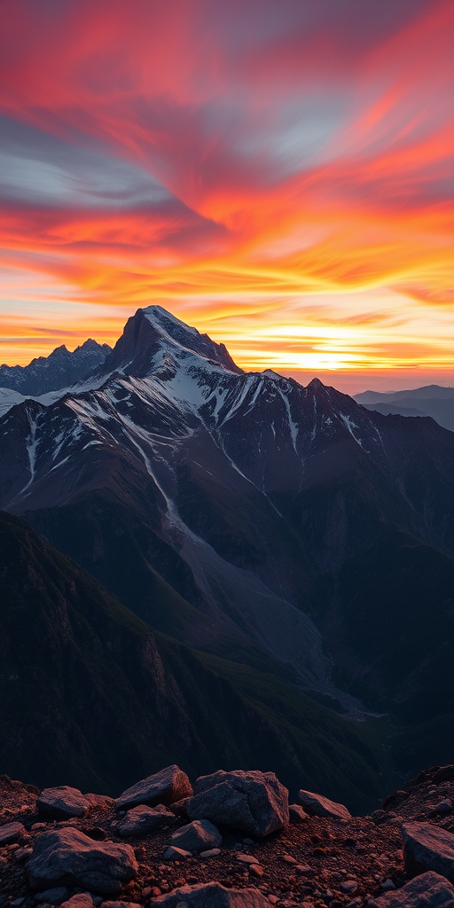 Create a high-resolution image of a mountain landscape at sunset with vibrant colors, use a DSLR camera, 24mm lens, aperture f/8, shutter speed 1/125 sec, ISO 200, shot from a low angle for dramatic perspective.