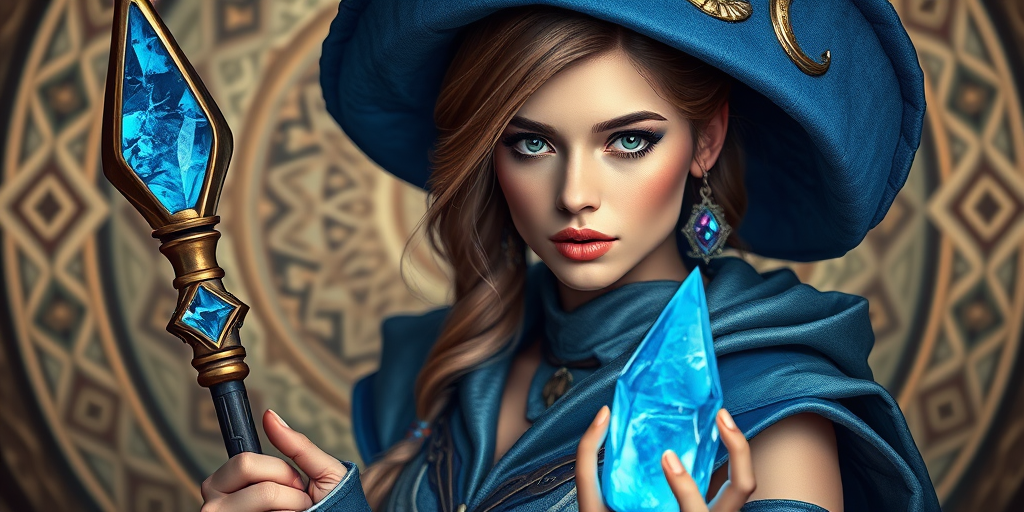 portrait of a fantasy mage woman holding a staff with a blue crystal, wearing a stylish blue and gray outfit, intricate background with magical symbols, soft lighting and vibrant colors, shot with a Canon EOS R5, 50mm lens, f/1.8 aperture, ISO 100, natural light, high detail, fantasy art style