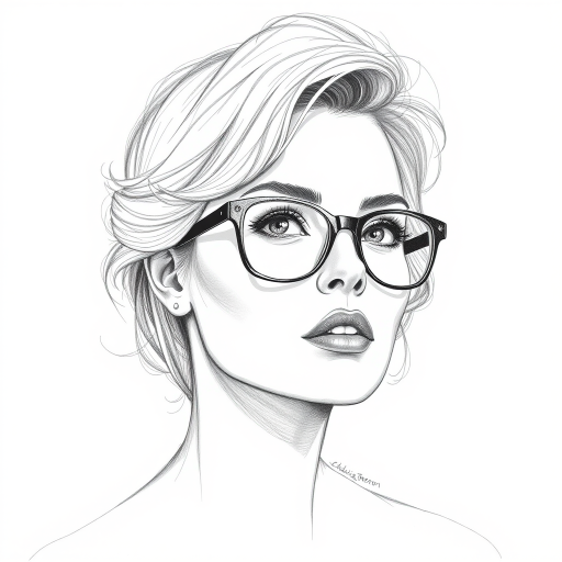 Beautiful Charlize Theron, pencil sketch, portrait of beautiful woman 60s in glasses, hair style beatnik, outline, clear lines, fine lines, 8k