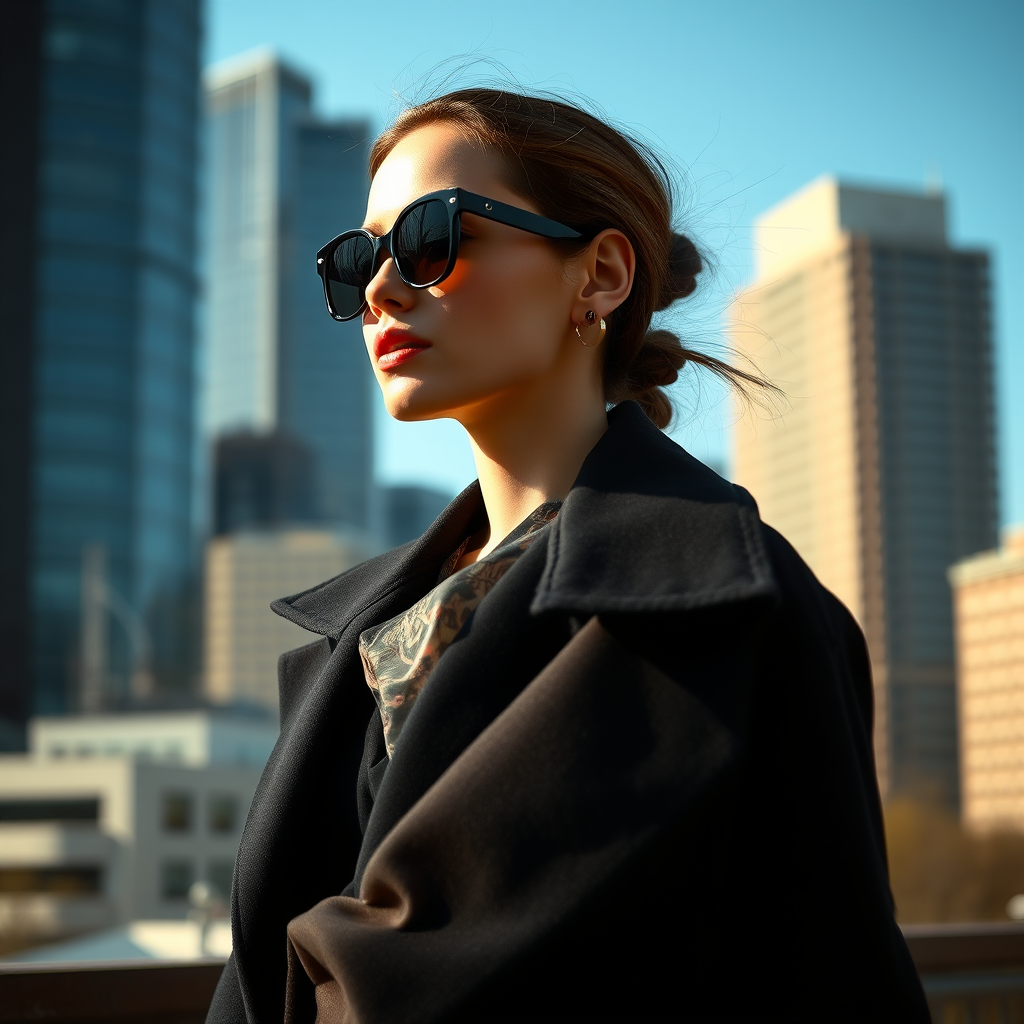 Cityscape backdrop, fashionable attractive model , wearing black shades, oversized coat, minimalist accessories, urban chic vibe, Shoot against a strong backlight using a 50mm f/1.2 lens to create a soft, silhouetted profile, highlighting the flow and transparency of the fabric